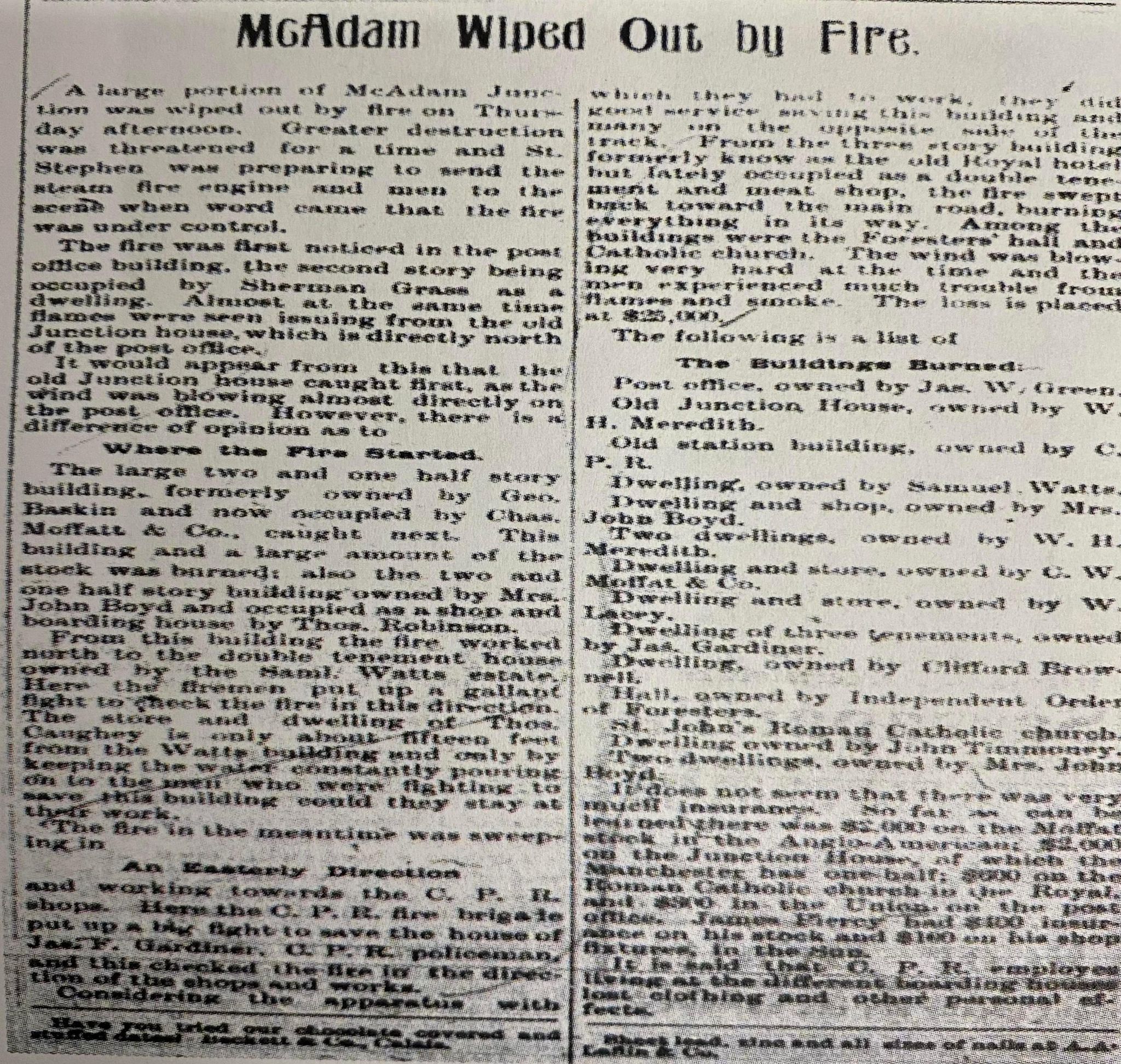 Fire in McAdam Article 